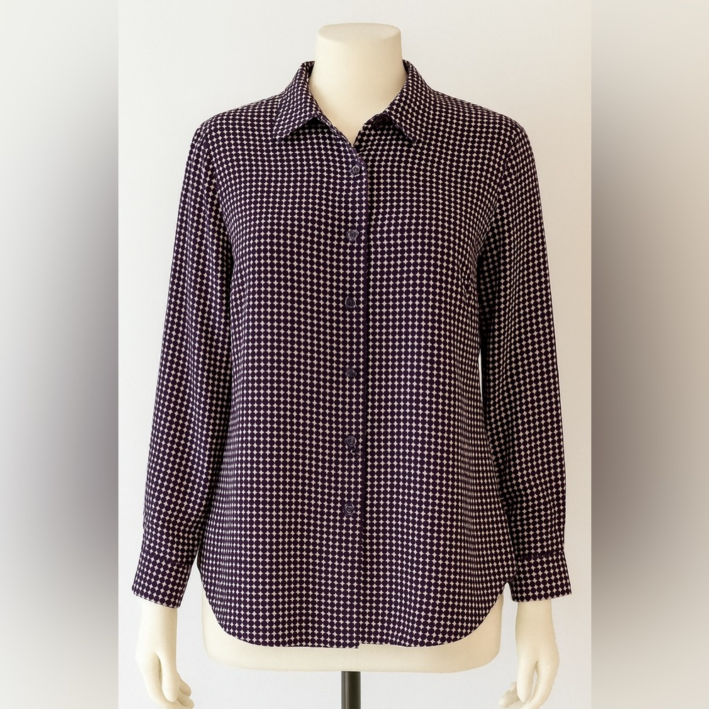 Chico's 3XL Purple Dot Print Blouse Button Down Long Sleeve Minimalist Fall Chic
